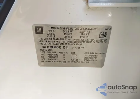 2013 GMC Terrain Sle-1 z USA, uszkodzony, nr VIN 2GKALMEK0D6311314